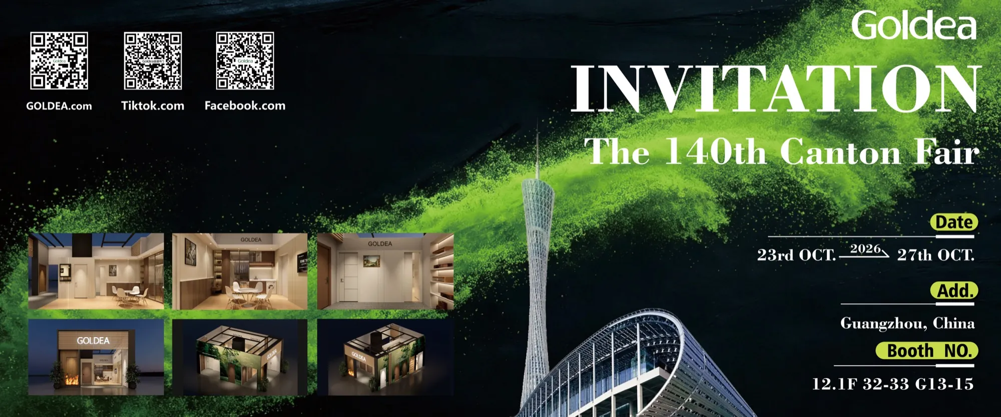 Goldea invitation poster for the 140th Canton Fair, October 23-27, 2026, booth 12.1F 32-33 G13-15