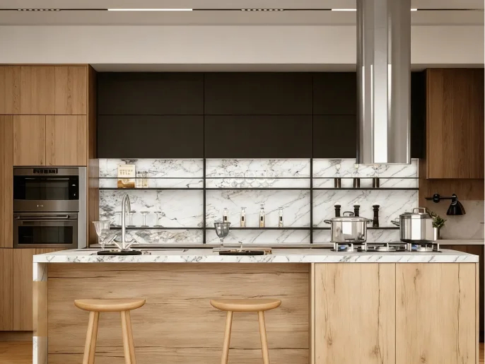 Goldea kitchen cabinets with a marble-topped island
